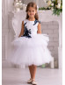 Beaded Navy Blue Lace White Tulle Tiered Flower Girl Dress